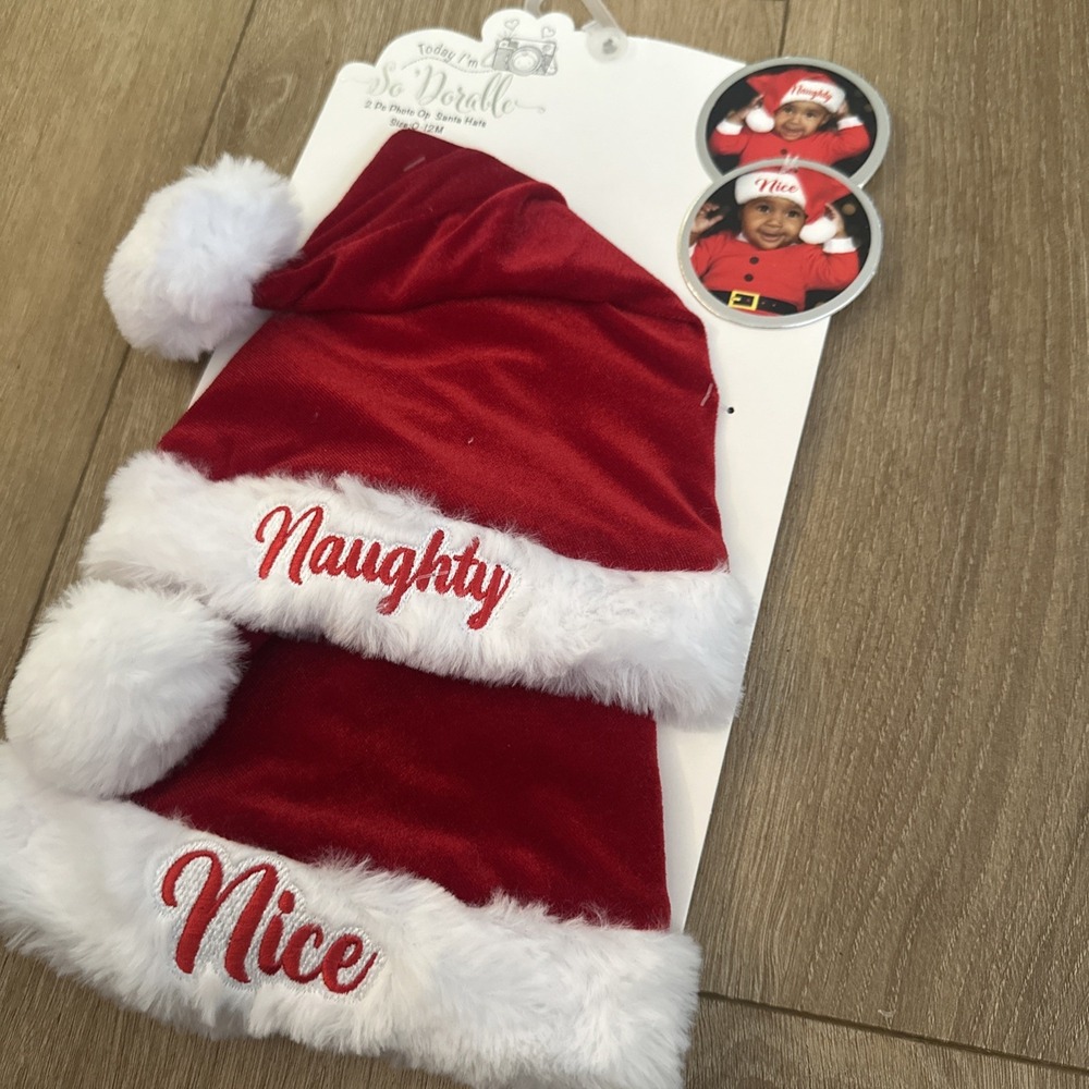 Naughty Or Nice Baby Santa Hats Photo Op Holiday Size 0-12 Months